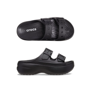 Black Crocs Saturday Platform Sandal: A pair of lightweight, foam-constructed platform sandals in solid black, featuring adjustable heel straps, a cushioned footbed for comfort, and a raised sole for added height and style. Ideal for casual wear.