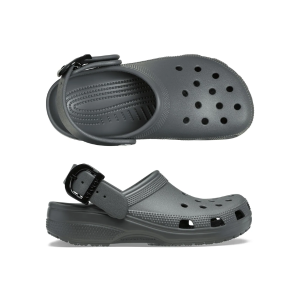 Women's Crocs Classic Enamel Buckle Clog in Carbon: A dark charcoal-gray foam clog made from lightweight Croslite material, featuring the signature rounded toe, ventilation holes, and a pivoting heel strap with a decorative enamel buckle. Designed for everyday comfort with a cushioned footbed.